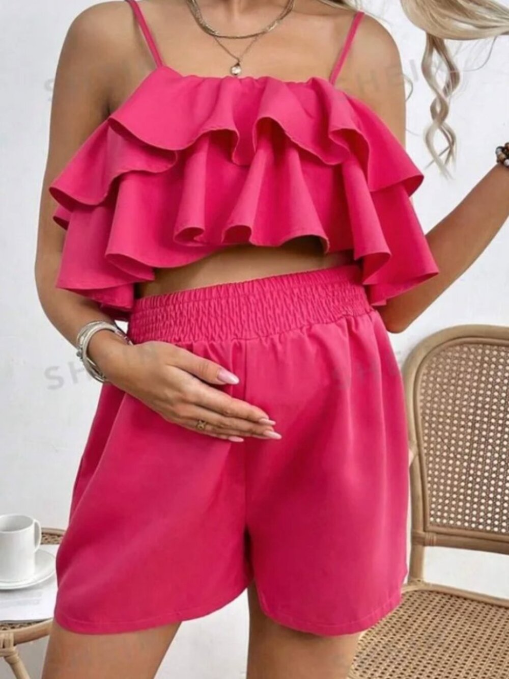 Hot Pink Maternity Solid Color Ruffle Trim Cami & Shorts 2pcs Set (L) unused